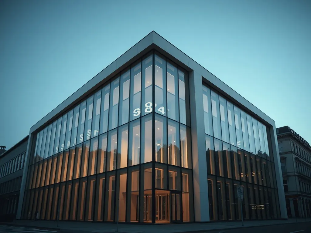 A minimalist architectural photograph of a modern bank build