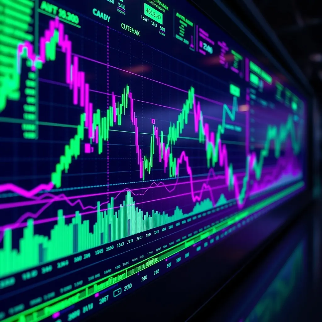 A high-tech digital screen showing complex financial charts