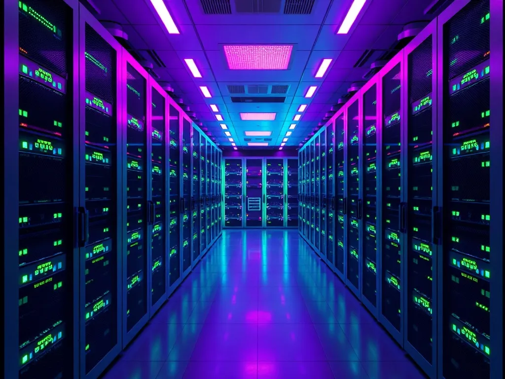 A minimalist top-down view of a high-tech server room with g